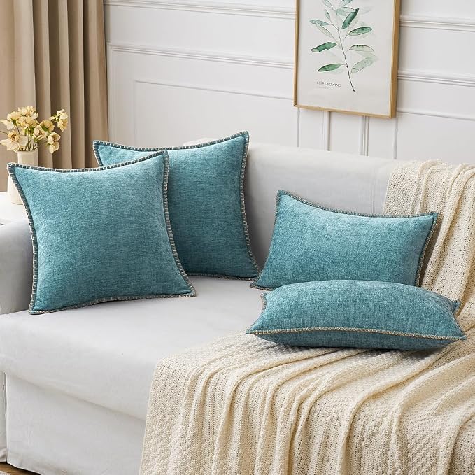 MIULEE Pack of 2 Lumbar Summer Throw Pillow Covers 12x20 Inch Aqua Blue Farmhouse Decorative Pillow Covers with Stitched Edge Soft Chenille Solid Dyed Pillow Covers for Couch Sofa Bed Living Room