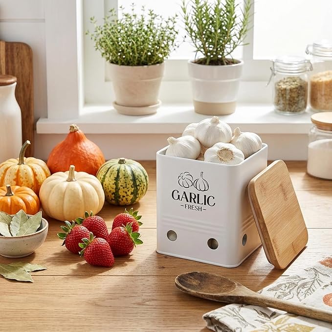 Simcat Kitchen Vegetable Storage Tins Set of 3, Potato Onion Garlic Kitchen Storage Canisters, Vegetable bin Keeper Containers with Aerating Holes and Wooden Lid (White 1)