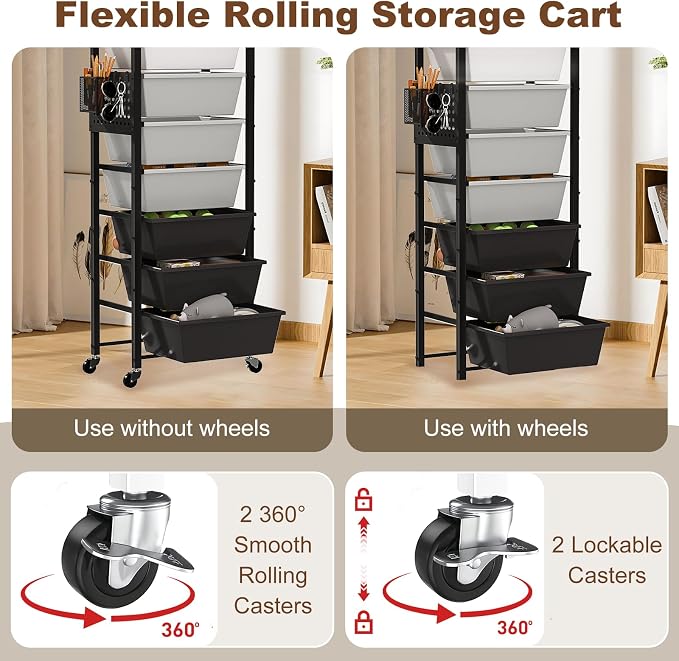 Rolling Cart with Drawers, Rolling Storage Cart with Large Plastic Drawers & Wooden Tabletop, Utility Cart with Pegboards & Basket, Storage Drawers Cart for Living Room, Classroom, Bedroom, Office