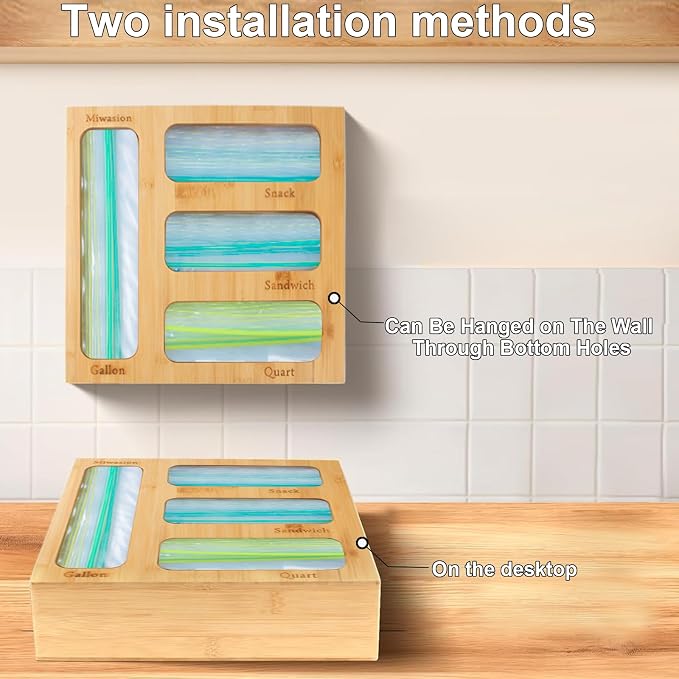 Bamboo Food Bag Organizer for Kitchen Drawer, a bamboo 4 slots - made dispenser container for plastic bags.Suitable for Gallon Quart Sandwich & Snack Variety Size Bag