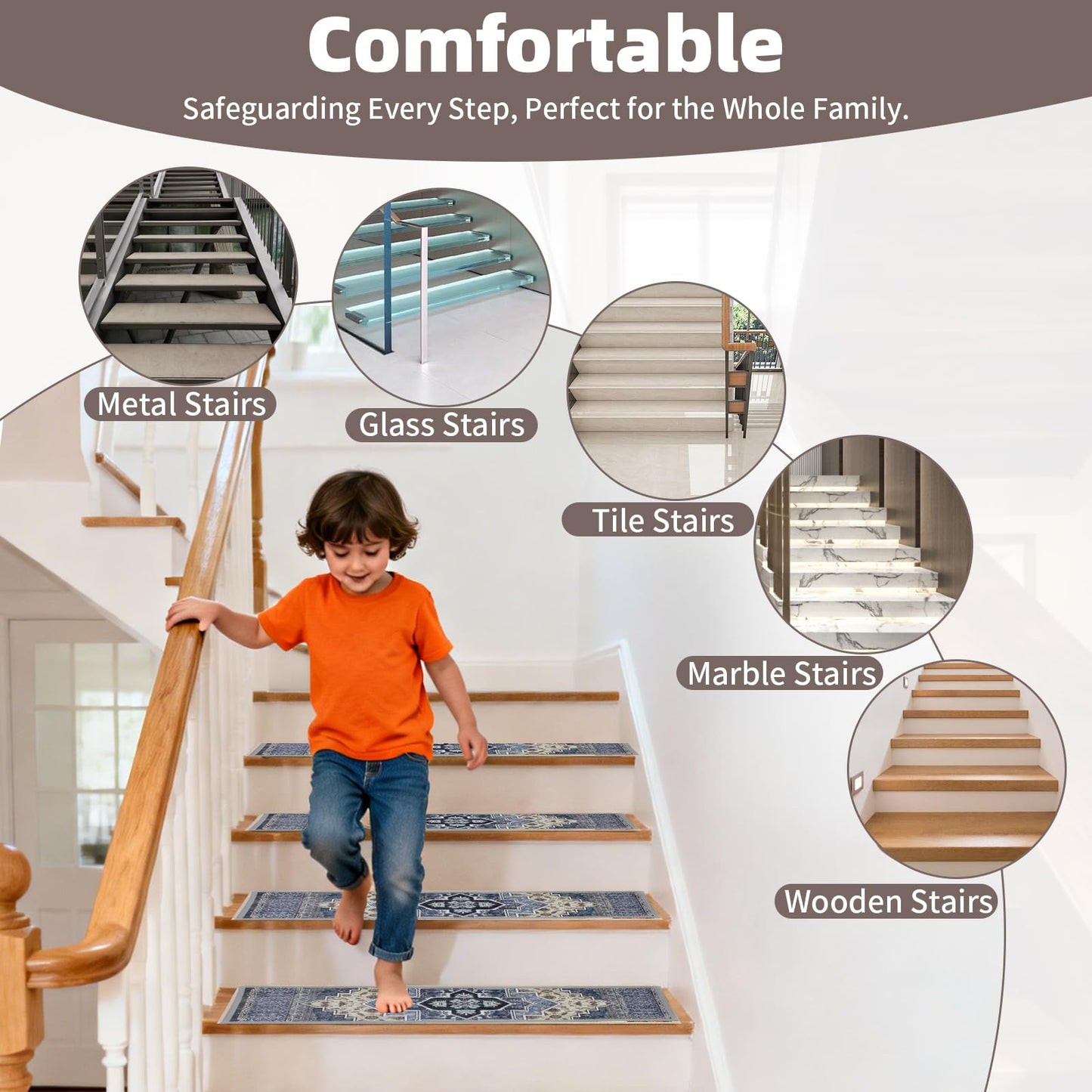 Stair Treads Non Slip 15 Pack 8" X 30" Stair Treads for Wooden Steps, Washable Self Adhesive Stair Runners Stain Resistant Stair Carpet, Edging Staircase for Kids Elders and Dogs (Style 2)