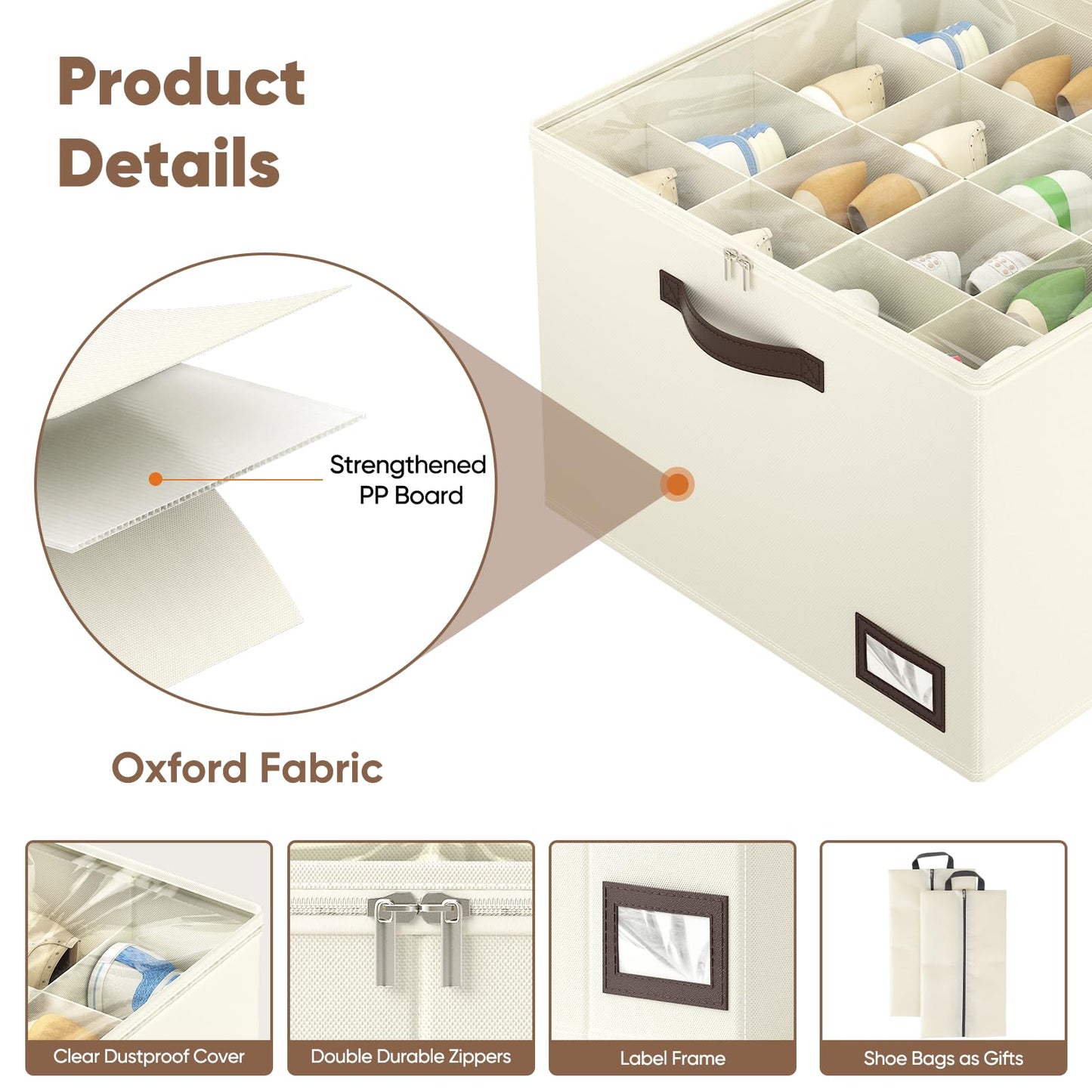 OIAHOMY 2 Pack Shoe Organizer for Closet, Large Foldable Shoe Storage Bins with Dividers and Reinforced Handles, Each Clear Cover Sneaker Box Fits Up to 16 Pairs for Entryway and Bedroom, Beige