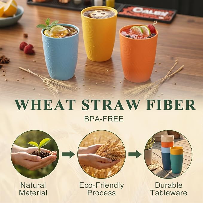 12oz Wheat Straw Cups Set of 6, Alternatives to Plastic Cups Reusable, Unbreakable Drinking Glasses, Microwave & Dishwasher Safe Drinking Cup, Small Water Cup for Kitchen, Party (Multicolor)