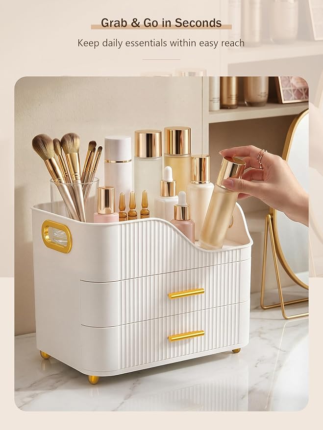 Booklov Countertop Makeup Organizer with Drawers, 3 Tier Large Cosmetic Storage Box for Vanity, Bathroom Counter, Dresser, Skincare Display Case for Lipsticks, Beauty Palettes, Teen Girl Gifts, White