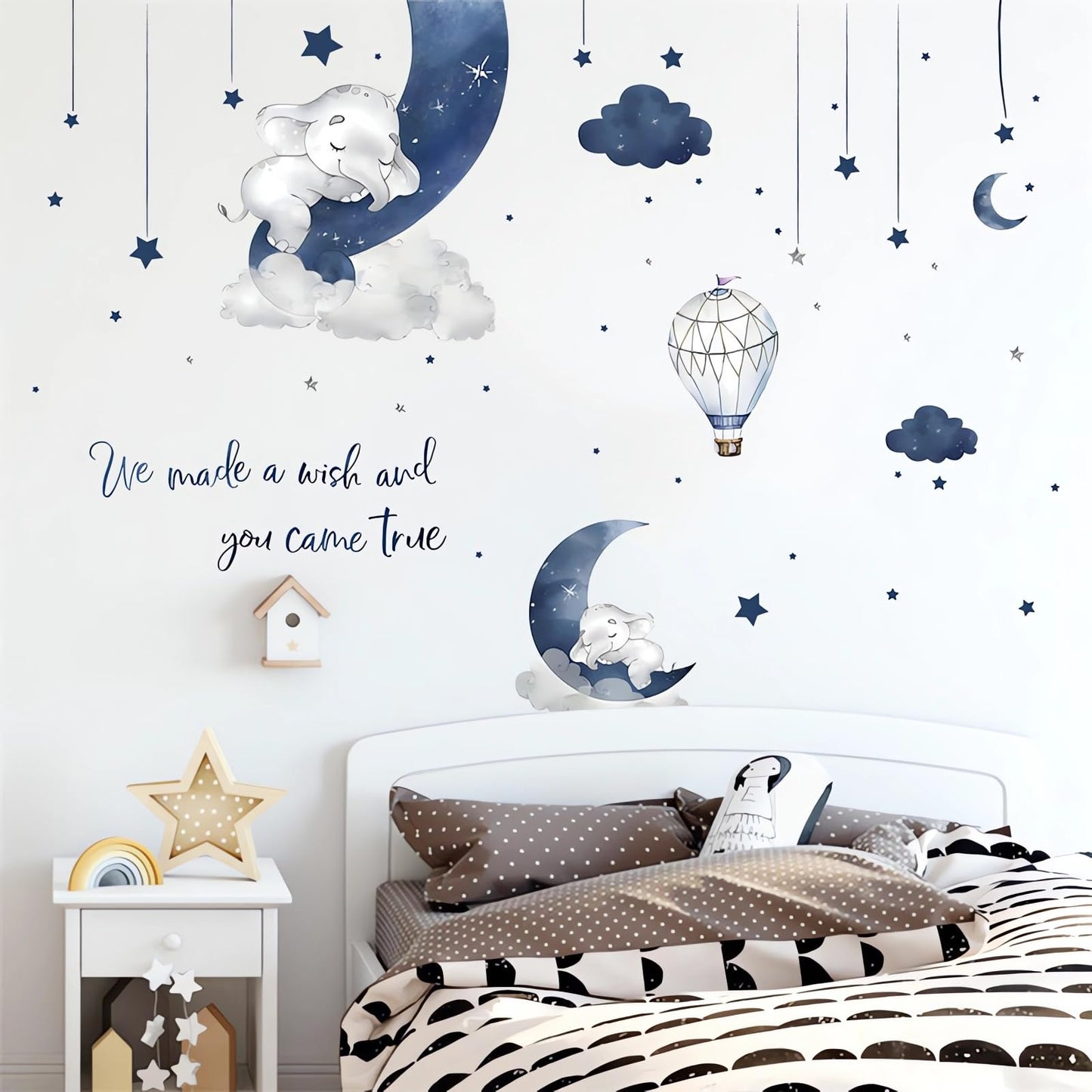 Dream Blue Grey Sleeping Baby Elephant Wall Sticker, sacinora Moon Star Cloud Warm English Phrase Wall Decal Removable Vinyl Peel and Stick for Kid Baby Boy Nursery Bedroom Toddler Room Art Home Decor