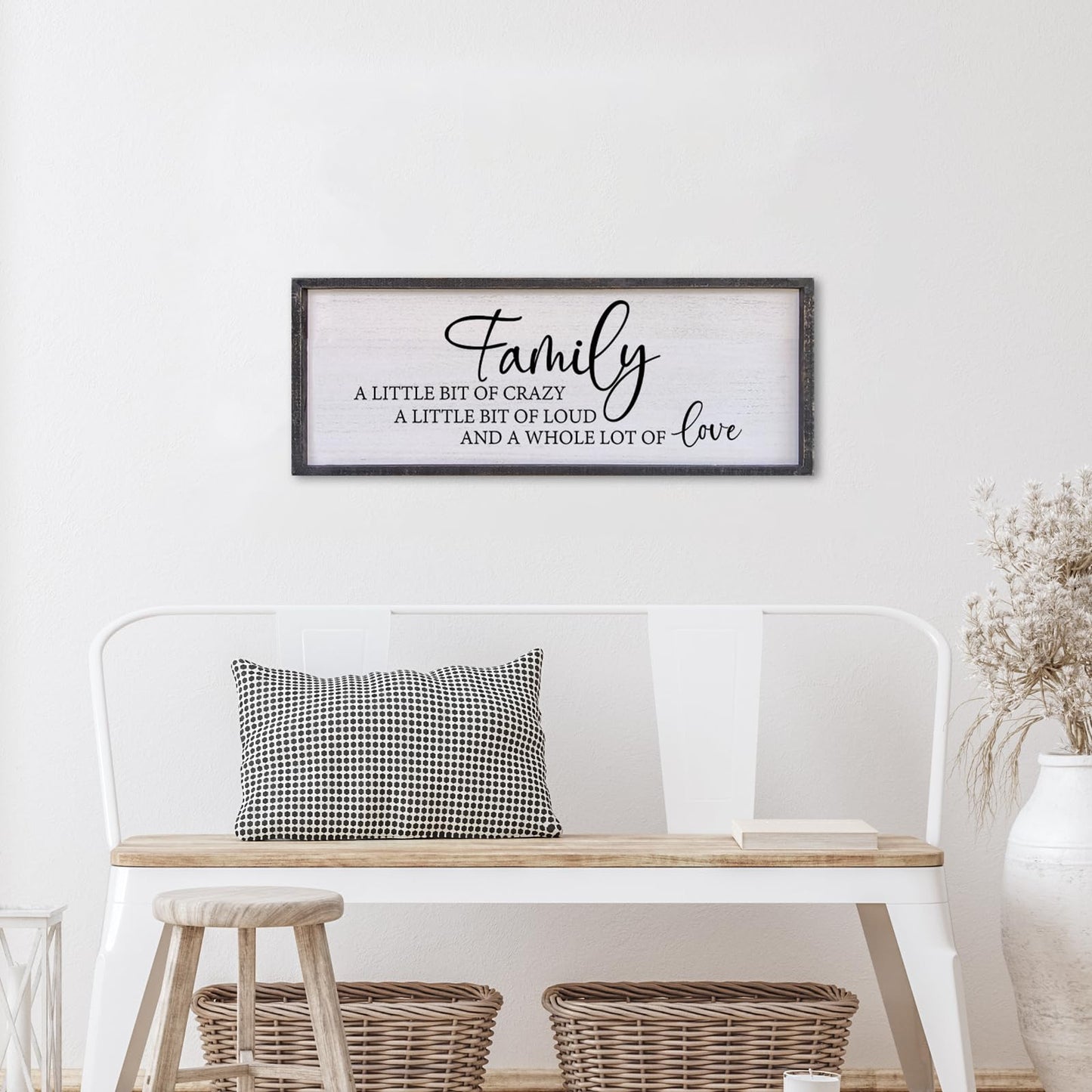Family A Little Bit Of Crazy Sign Wall Decor 32"×12" Rustic Farmhouse Living Room Large Soild Wood Framed Hallway Hanging Sign Aesthetic Inspirational Quotes Entryway Home Wall Art (Black)