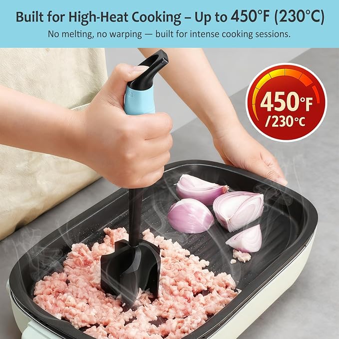 Ourokhome Meat Chopper and Potato Masher, Heat Resistant Nylon Ground Beef Smasher for Hamburger, 5 Curved Blades Nonstick Safe Mixer & Stirrer Practical Kitchen Gadgets, Teal
