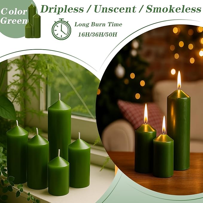 18 Pcs Green Pillar Candles Bulk Set，Hurricane Candlesï¼? Different Lengths (6 Each)，Dripless Unscented Smokeless，Gives You a Better Atmosphere When Organizing Wedding or Event Party.