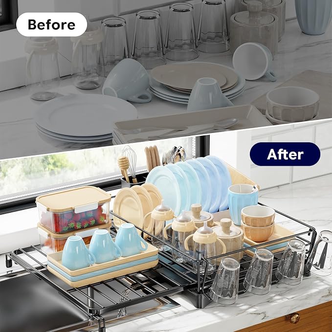 Simple Trending Dish Rack - Expandable Dish Drying Rack for Kitchen Counter, Large Capacity Dish Drainers, Stainless Steel Dish Strainer with Utensil & Cup Holders, Black
