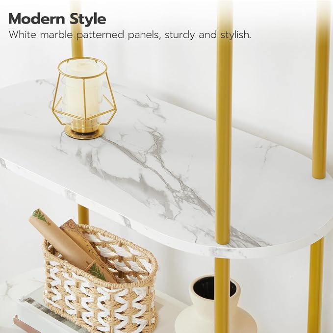 HOOBRO 5 Tier Open Bookshelf, Industrial Arched Bookcase Display Shelf Rack, Wooden Bookcase Storage Shelf Metal Frame, Tall Storage Organizer for Home, Easy Assembly, Gold DM176SJ01