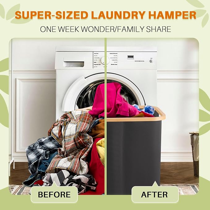 Laundry Hamper 3 Section, 145L Dirty Clothes Hamper with Lid, Extra Large Laundry Basket Organizer with Removable Inner Bags & Labels for Laundry Room, Bedroom, Dark Grey