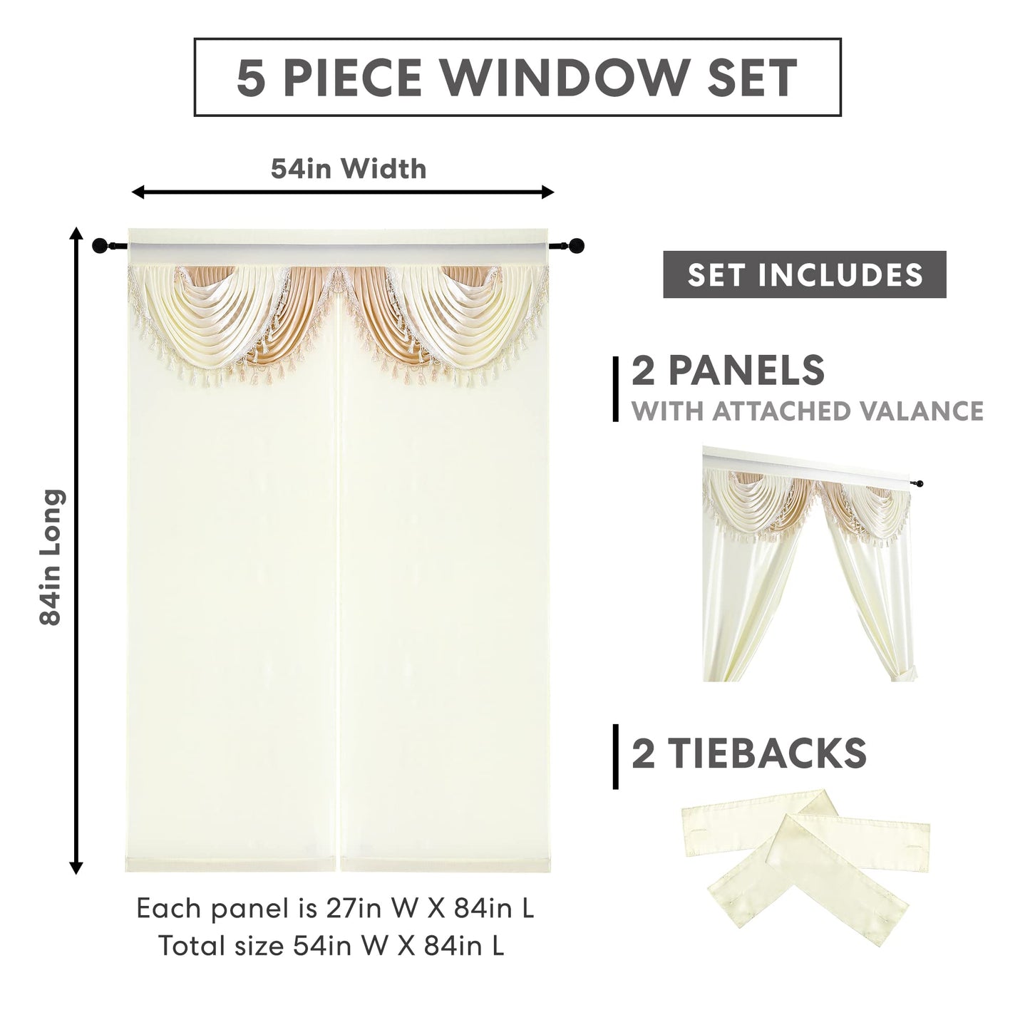 Regal Home Collections Amore Curtains 5-Piece Window Curtain Set - 54-Inch W x84-Inch L Panels with Attached Valance and 2 Tiebacks - Bedroom Curtains and Living Room Curtains (Beige)