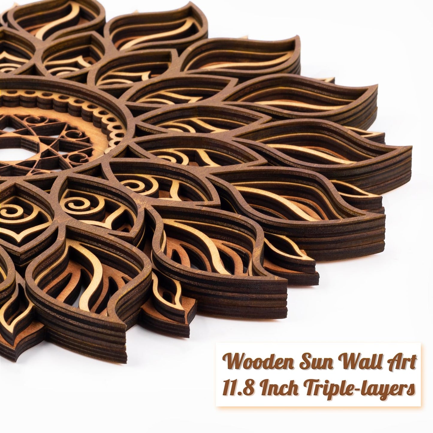 ADDMES 11.8 Inch Sun Wall Decor, Wooden Mandala Wall Art, Hollowed-out Sun Hanging Sign, Multi-layers Lotus Flower Wall Decor, Spiritual Room Decor for Bedroom, Living Room, Farmhouse Decor