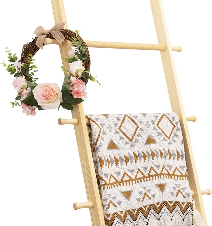 5-Tier Blanket Ladder – 4.8 Ft Wall Leaning Quilt Rack, Farmhouse Blanket Storage for Living Room, Bedroom & Bathroom – Rustic Decorative Wooden Towel & Quilt Holder, Easy to Assemble