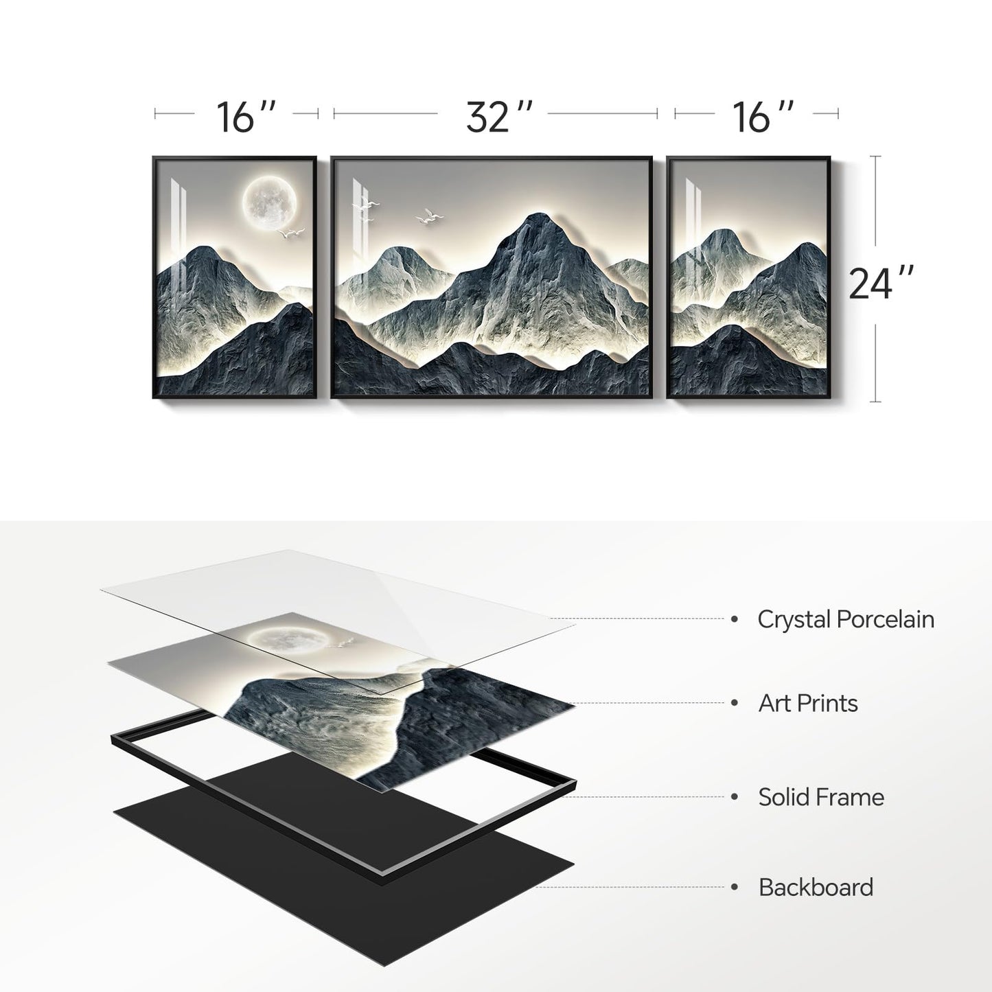 Framed Modern Mountain Wall Art for Living Room, 3 Piece Blue Luxury Bright Style Painting Prints, Landscape Moon Artwork for Dining Room Hallway Home Office Wall Decor