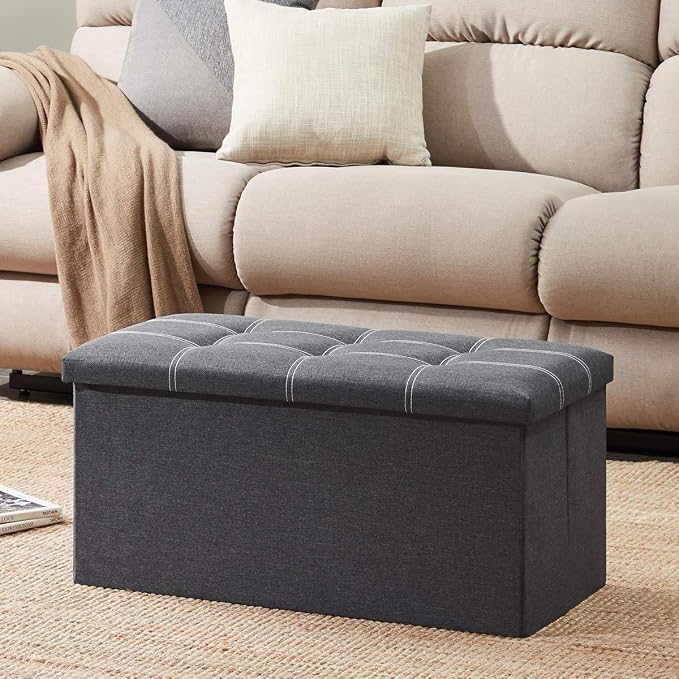 YOUDENOVA 30 inches Folding Ottoman, Ottoman with Storage Footrest Seat Support 350lbs, Storage Bench for Living Room Bedroom, Linen Fabric Grey
