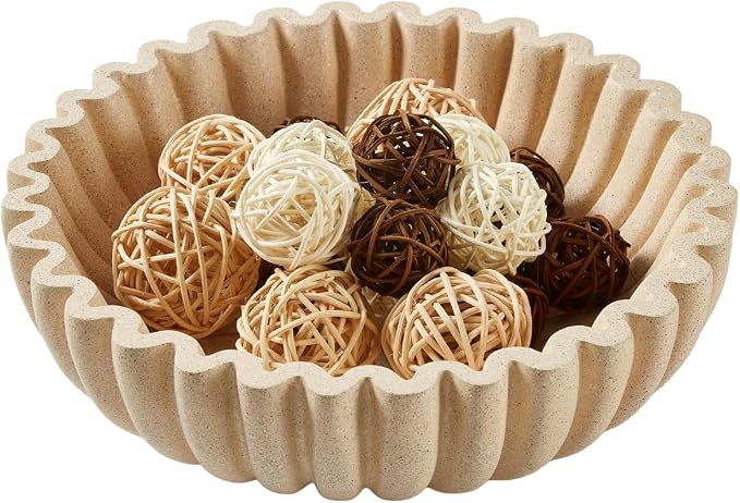 Large Modern Ruffle Bowls, Artificial Stone Decorative Catch All Bowl for Kitchen Counter and Entryway Table, Handcrafted Fruit Bowls and Key Bowl for Home Decor(Beige)