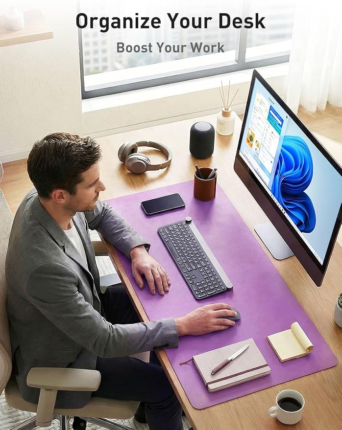 Aothia Faux Leather Desk Mat - Non-Slip PU Leather Desk Blotter, Waterproof Writing Surface, Large Desk Pad for Office & Home (Iris Violet, 55" x 17")