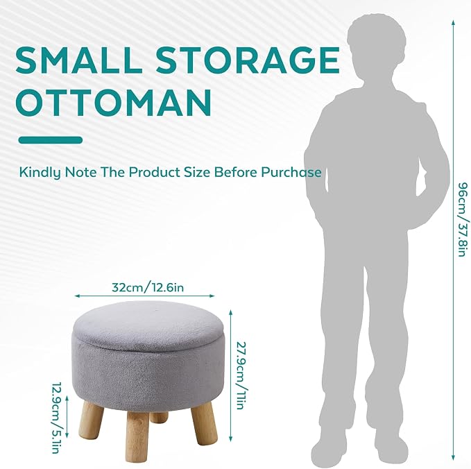 Small Foot Stool Ottoman with Storage, Soft Faux Fur Ottoman Foot Rest for Couch, Round Footstool with Storage, Small Ottomans and Footstools for Living Room and Entryway (Gray)