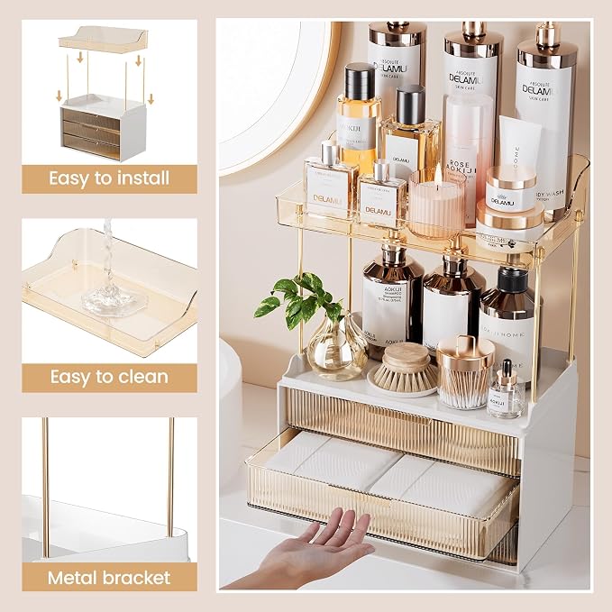 Delamu Bathroom Organizers and Storage, 2 Tier 3 Drawer Makeup Organizer Countertop, Easy to Install, Ideal for Bathroom Counter, Vanity, Ideal Gifts for Women Girls, Amber