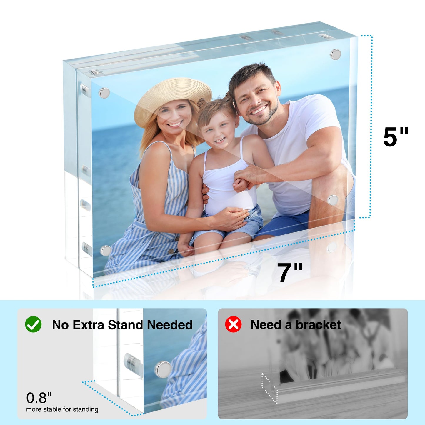 HOUSE DAY Acrylic Picture Frames 5x7, 2 Pack Magnetic 5x7 Picture Frame, Double Sided Clear 5 x 7 Photo Frame with Microfiber Cloth, Frameless FreeStanding 5x7 Frame Gift for Desktop Display