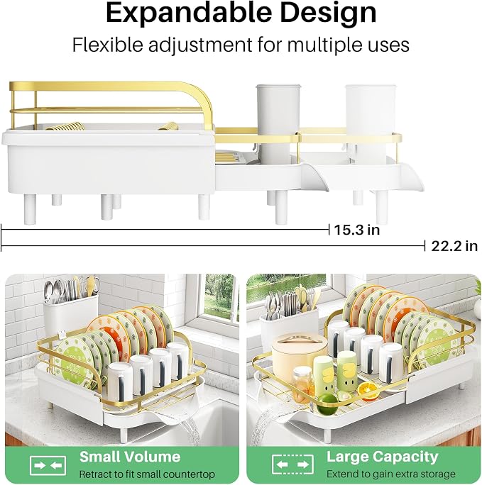 SAYZH Dish Drying Rack - Expandable Dish Rack for Kitchen Counter, Rust-Resistant Dish Drainer with Utensil Holder and Raised Guardrail, Kitchen Organizer for Cup and Bottle (Gold)