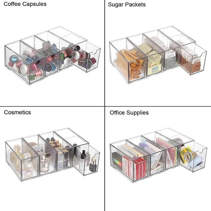 ELLDOO 4 Drawers Tea Bag Organizer, Clear Acrylic Stackable Tea Bag Storage Holder for Kitchen Pantry, Coffee Pod Snack Storage for Countertop Cabinet
