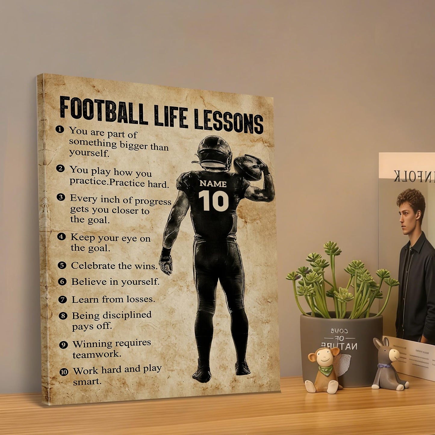 HYESANGNY Personalized Football Life Lessons Canvas Wall Art, Custom Motivational Canvas Prints with Your Name & Numbers, Inspirational Sports Gifts for Football Lovers, Athletes Bedroom Decor