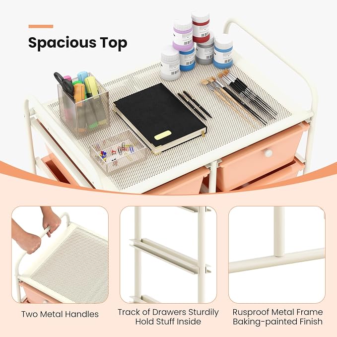 Giantex 10 Drawers Rolling Cart, Classroom Organizers, Storage Cart with Wheels, for Teacher Office Home School Supplies Tool Craft Art Paper, Peach Fuzz