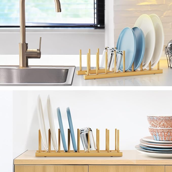 Bamboo Dish Drying Rack for Kitchen Organizer-Sturdy Plate Rack Organizer with Natural Bamboo,Dish Rack Holds Plates, Bowls, Cups & Cutting Boards-Dish Drying Rack for Countertop & Cabinets