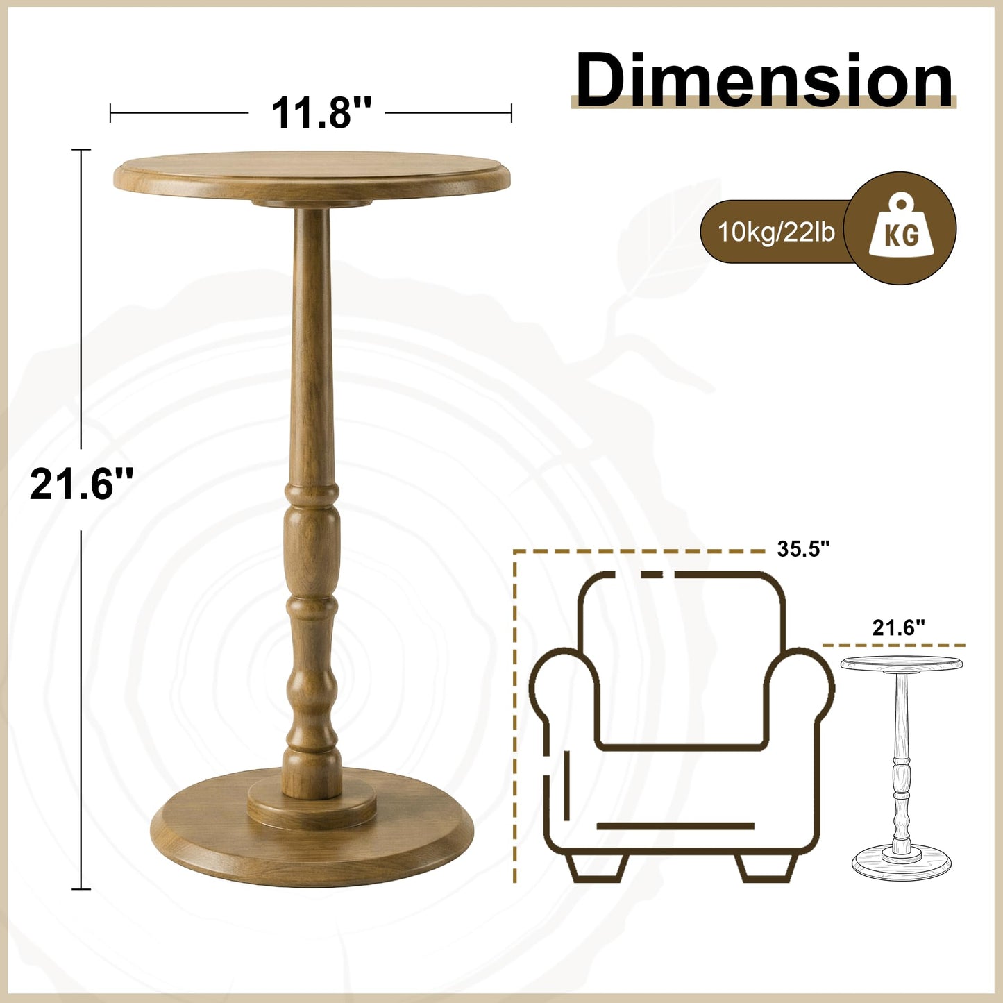 Small Side Table Living Room, Brown Round Corner Table for Small Spaces Set of 2, Coffee Table with Solid Wood Pedestal Accent for Living Room, Corners, Bedroom, Bean Bag, Sofa Couch