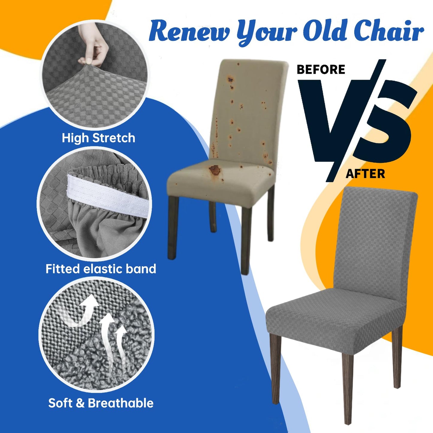 YEMYHOM 2 Packs Latest Checkered Dining Chair Slipcover Parsons Chair Furniture Protector Stretch Chair Covers for Dining Room, Restaurant, Kitchen, Party (Light Gray)