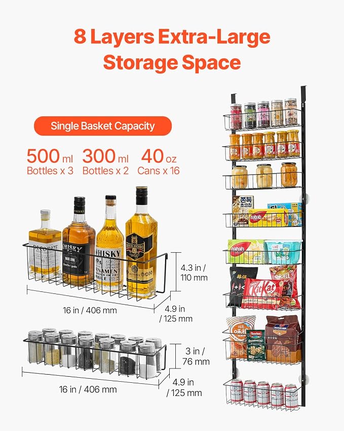 VEVOR Over the Door Pantry Organizer, 8-Tier Pantry Organization and Storage, Heavy-Duty Steel Hanging Spice Rack, Adjustable Wall Seasoning Shelves, for Home Kitchen Laundry Room Bathroom, Black