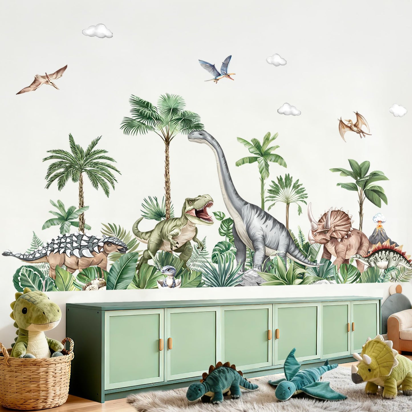 decalmile Large Dinosaurs Wall Decals Dino Animal Tropical Palm Tree Wall Stickers Living Room Baby Nursery Kids Room Home Decor(XXL)