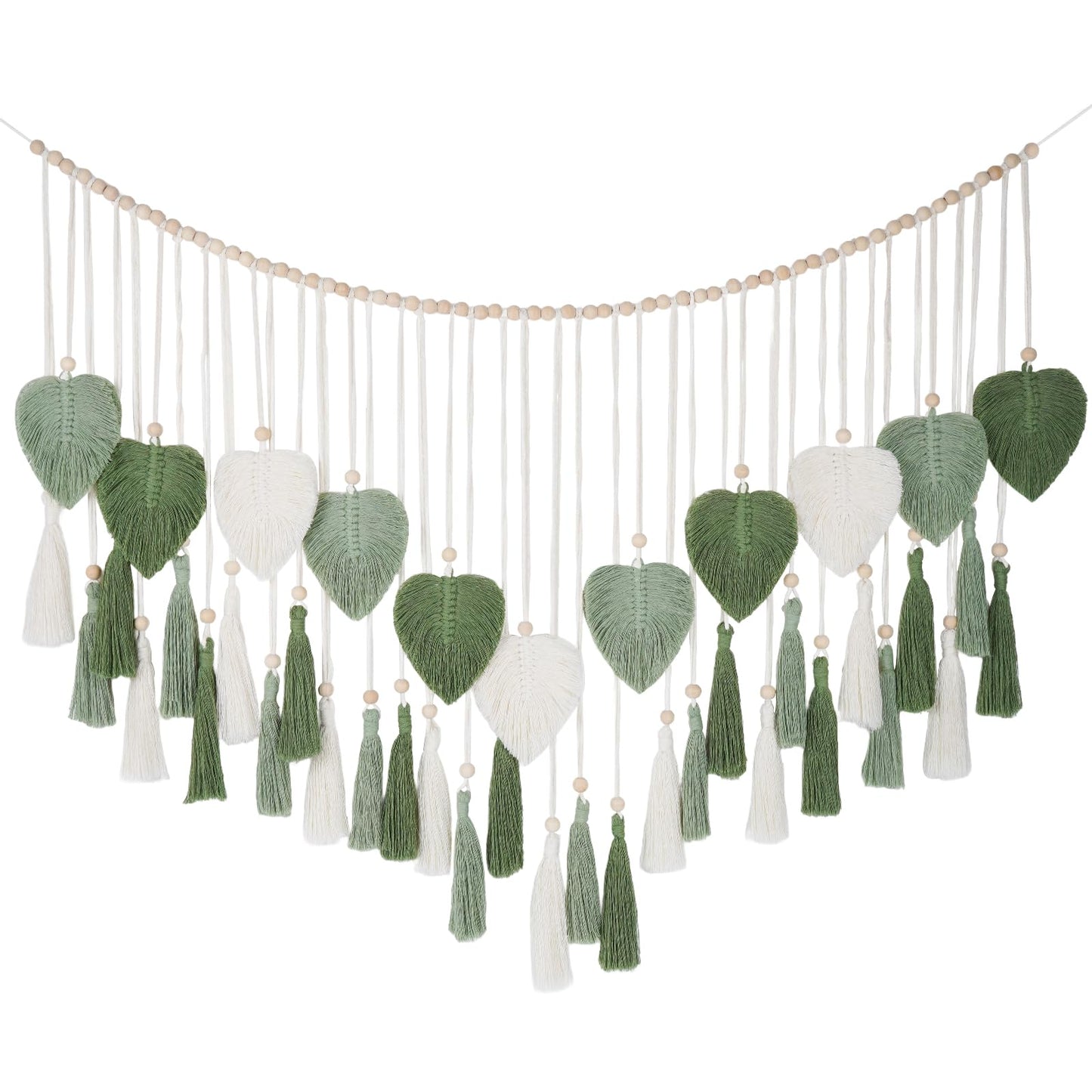 Large Macrame Wall Hanging Tapestry with Wood Bead and Leaf Wall Decor for Bedroom Living Room Nursery Apartment, Room Boho Style Decor Tapestry, 43.3" W X 25.9" L Green Tapestry