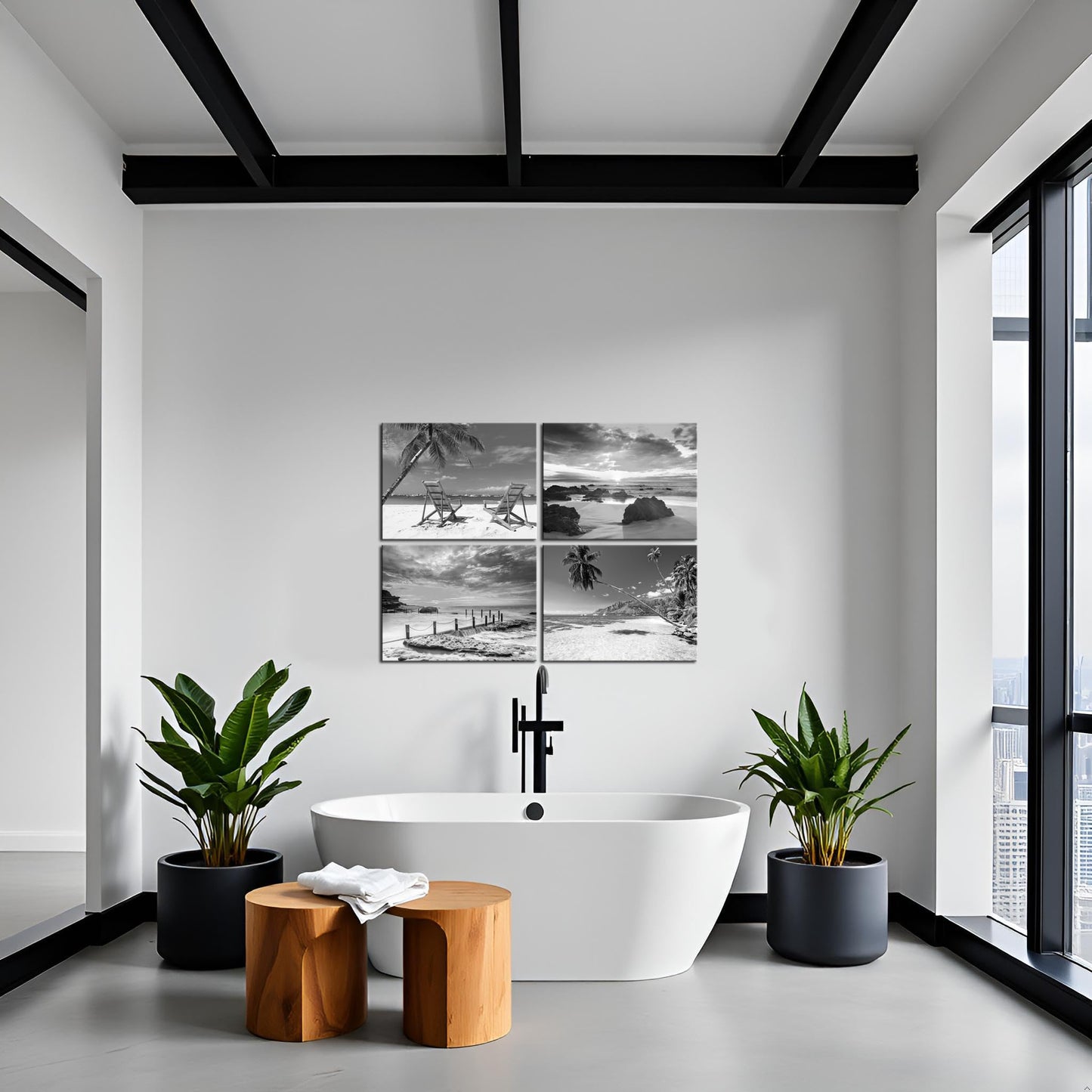 Nachic Wall Black and White Beach Wall Art Sea Sunrise Pictures Palm Tree Landscape Painting on Canvas Modern Home Living Room Bathroom Decor