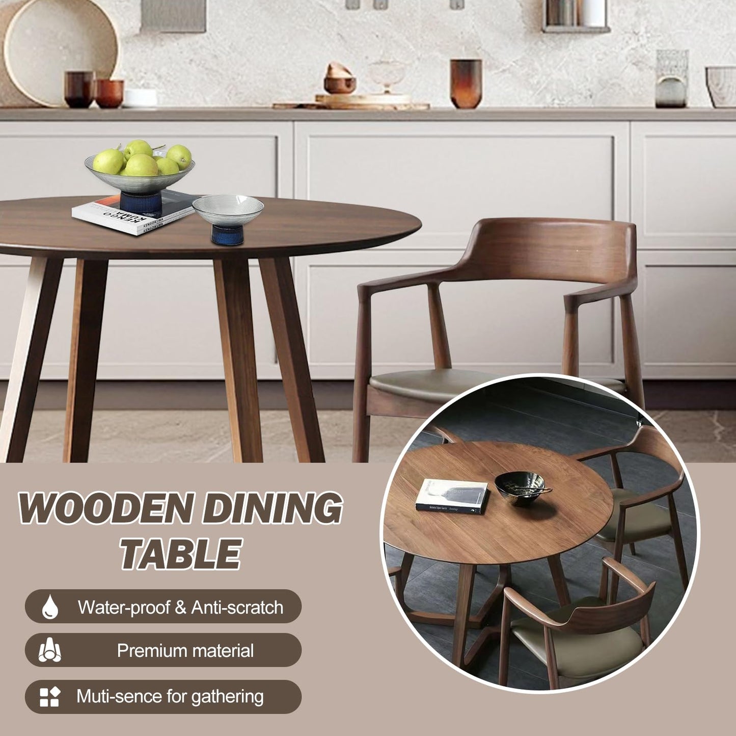 Walnut Round Dining Table for 4, 35.4" Small Wood Round Kitchen Table with Solid Wood Legs, Mid Century Modern Dining Room Tables for Home, Restaurant,Circle Coffee Table for Small Space