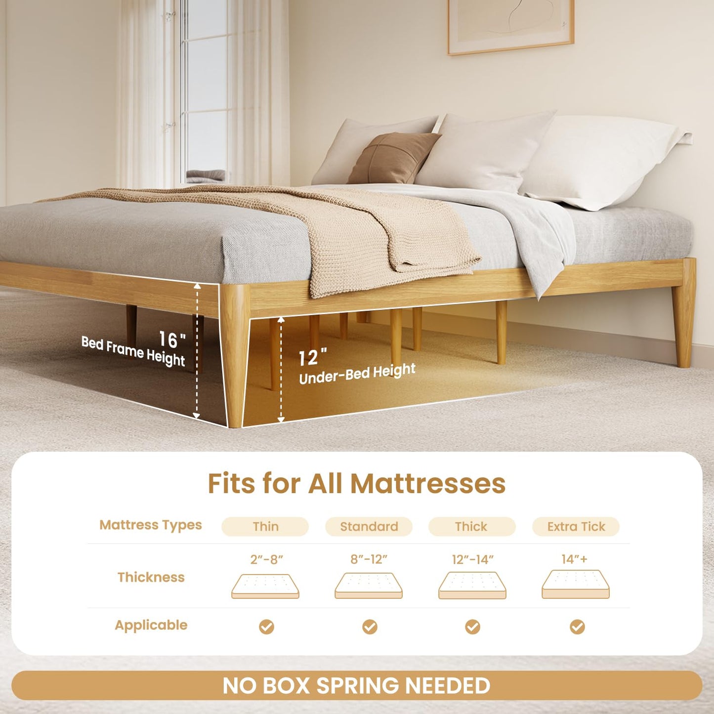 IOTXY California-King Platform Bed Frame - Solid Wood 16-Inch Height Mattress Foundation Base with Densely Slats and Heavy-Duty Support Legs, No Box Spring Needed, Oak