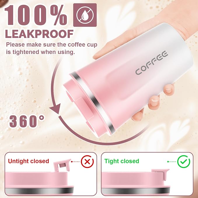 CS COSDDI 12 oz Stainless Steel Vacuum Insulated Tumbler - Coffee Travel Mug Spill Proof with Lid - Coffee Cups for Keep Hot/Ice Coffee,Tea and Beer (Pink-White380ML)