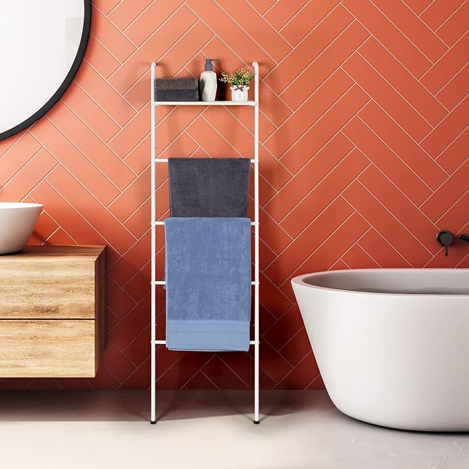 Blanket Ladder Farmhouse Towel Rack Holder for Bathroom, Wall Leaning Decorative Quilt Rack with Shelf, Rustic Blanket Storage for Living Room Bedroom Home Decor, White