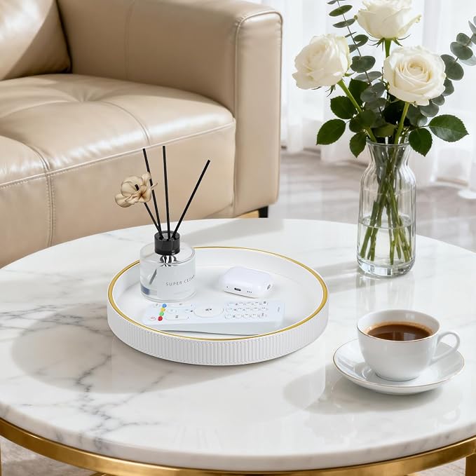 Round Decorative Tray for Coffee Table Decor, PU Leather Coffee Table Tray Golden Trim for Home Decor Living Room Dining Table, Perfume Trays Nightstand Organizer (White)