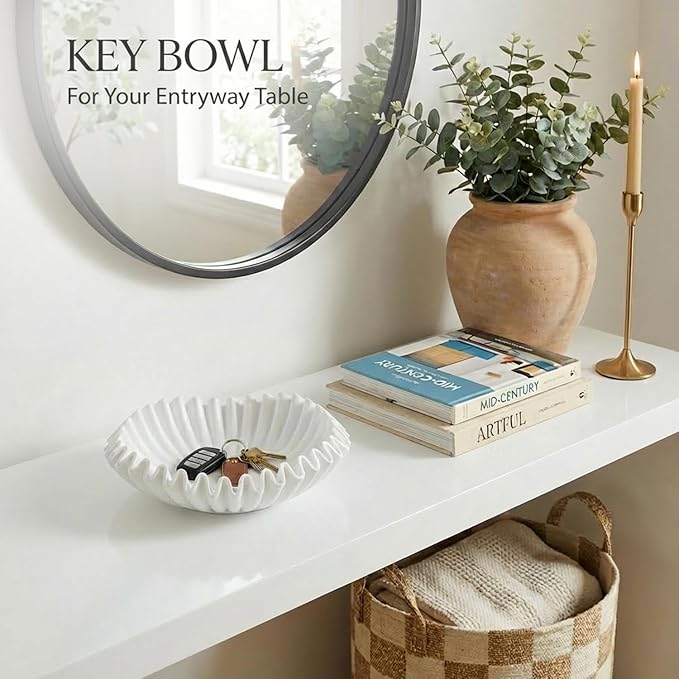 FESTGLOX White Decorative Bowl, Modern Handicraft Ruffle Key Bowls for Living Entryway Table, Decorative Fruit Bowl for Kitchen Counter, Coffee Tables