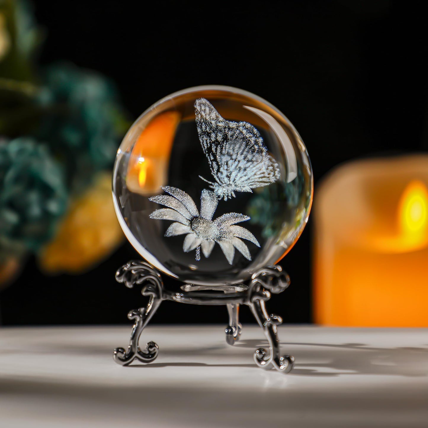 HDCRYSTALGIFTS 60mm Butterfly Crystal Ball Paperweight,3D Laser Engraved Butterfly on Sunflower in Glass Ball with Stand Decorative Glass Sphere Home Decor Gifts for Women Girls