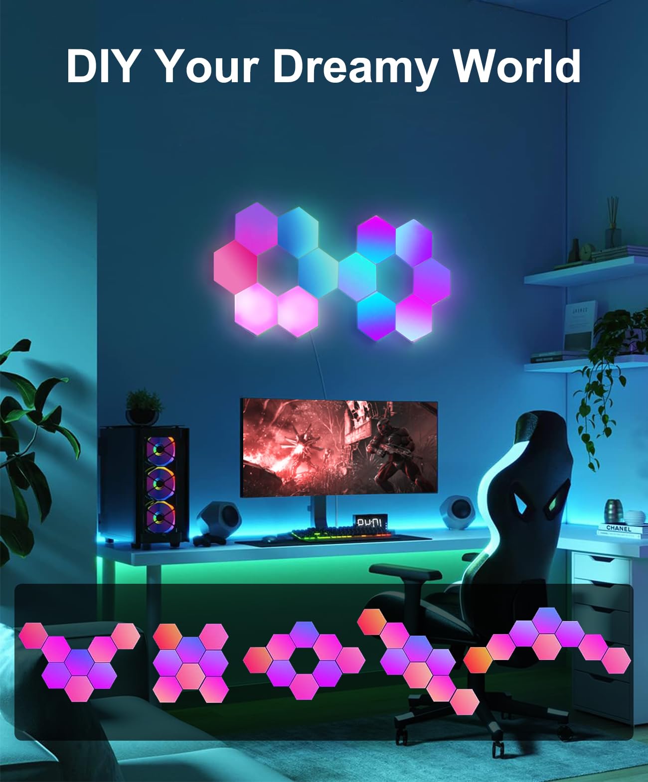 Large Hexagon LED Lights for Bedroom, Smart Home Gaming LED Wall Lights RGB-IC Gaming Room Decor Work with Alexa Google Assistant, Voice/App Control, Music Sync, DIY Modular Light Panels, 10 Pack