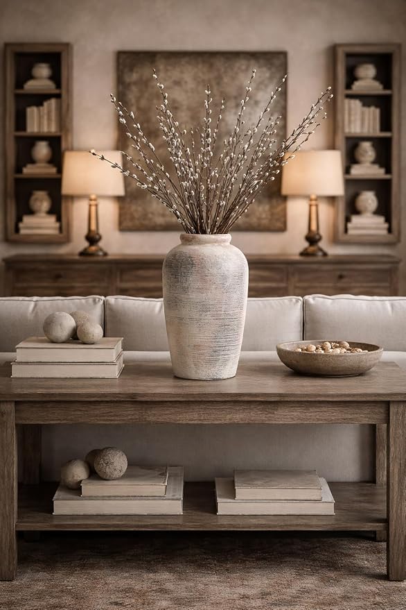 Emotionally Grounded Vase, Vaseking Large Ceramic Rustic Vase, 11 inch Minimalist Decorative Farmhouse Tall Vases for Home Decor, Living Room, Enterway, Table Decoration, Fired Terra Clay