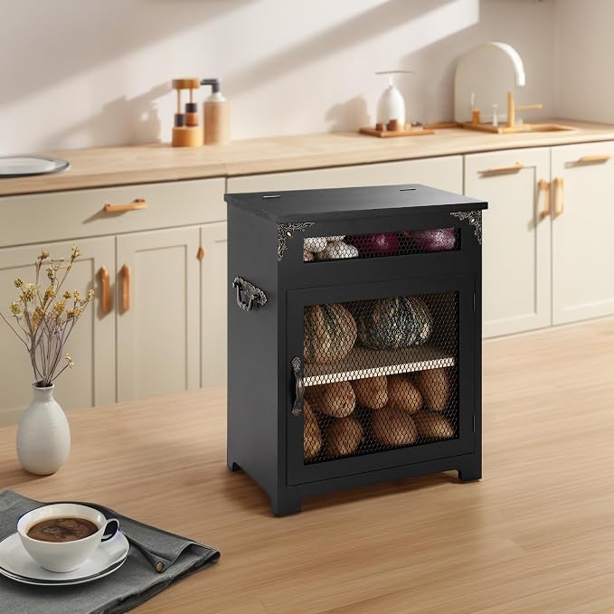 Mini Potato and Onion Storage Bin - Wooden Storage Box for Kitchen Countertops, Vegetable Storage Bins, 12.2" W x 6.5" D x 16" H (Black)