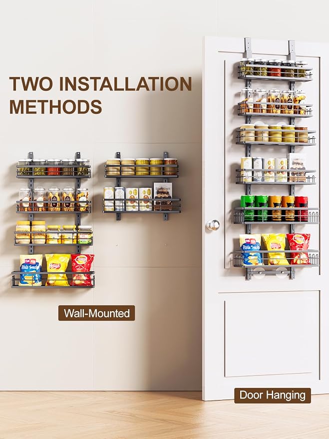 Delamu Over the Door Pantry Organizer, 6 Tier Pantry Door Organizer with Adjustable Basket, Door Spice Rack Seasoning Organizer, Metal Hanging Pantry Organizers and Storage for Kitchen,15.3" Black