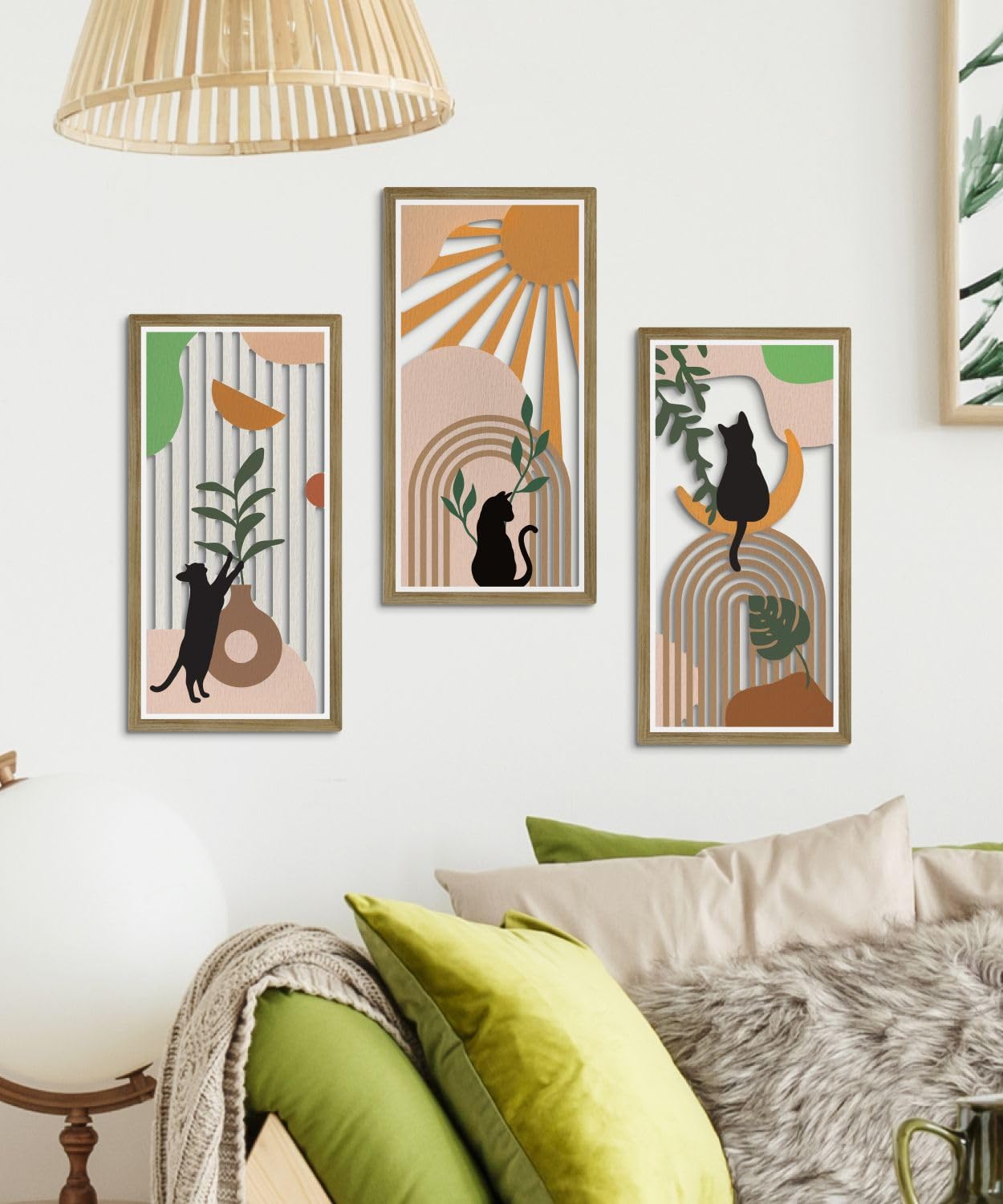 Putuo Decor Boho Wall Decor Set of 3, Abstract Boho Cat Wall Art, Mid Century Modern Black Wall Decr for Cat Lovers Home Bedroom Living Room Office
