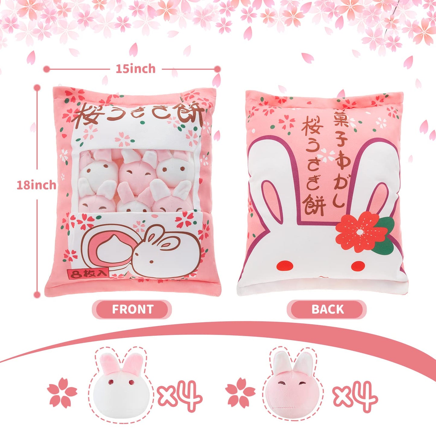 Civaner Kawaii Bunny Plush Pillow Cute Room Decor Cherry Blossom Throw Pillow Pink Removable Stuffed Animal Fluffy for Easter Home Birthday Spring Sakura Gifts Bag