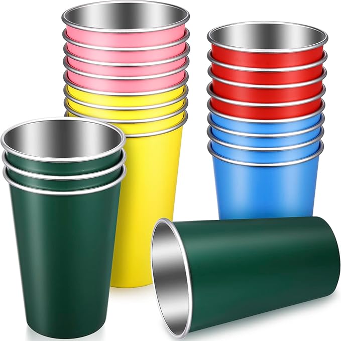 Mimorou 20 Pack Stainless Steel Pint Cups Metal Cups Unbreakable Drinking Water Tumblers Stackable Tumbler for Adults Bar Home Restaurant Travel Picnic Camping Outdoor (Multicolor,16 oz)